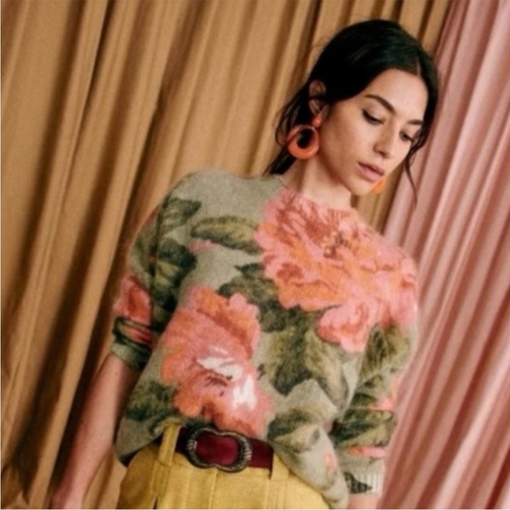 Sezane Fleur Jumper Sz S Kid Mohair Wool Blend Pink green boho pullover crewneck